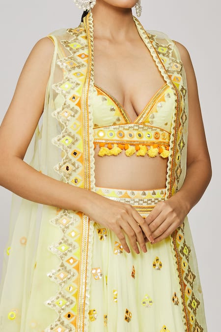 Shop_Gopi Vaid_Yellow Georgette, Viscose Sequins Plunge Embroidered Cape Victorian Lehenga Set _Online_at_Aza_Fashions