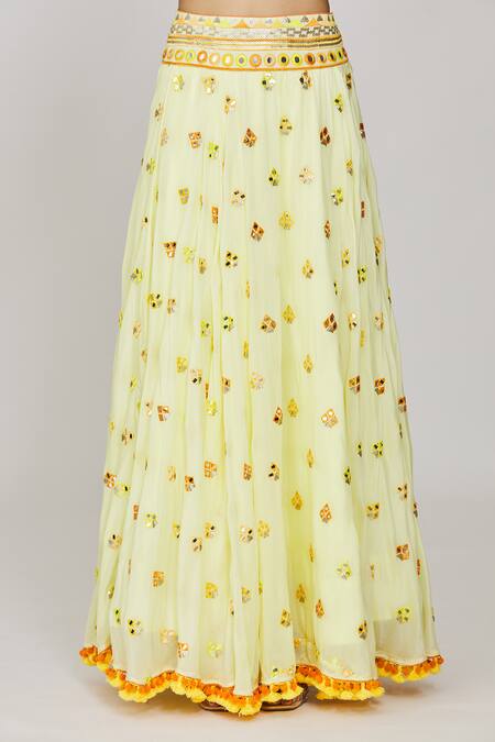 Gopi Vaid_Yellow Georgette, Viscose Sequins Plunge Embroidered Cape Victorian Lehenga Set _at_Aza_Fashions