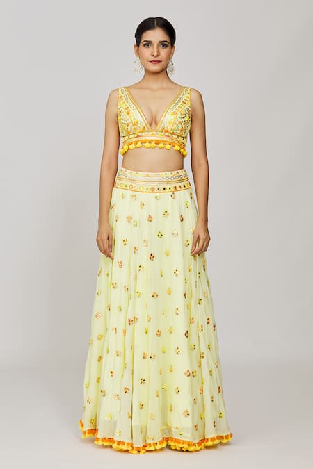 Buy_Gopi Vaid_Yellow Viscose Mirrors, Sequins, Yasti Embroidered Victorian Skirt And Blouse Set _Online_at_Aza_Fashions