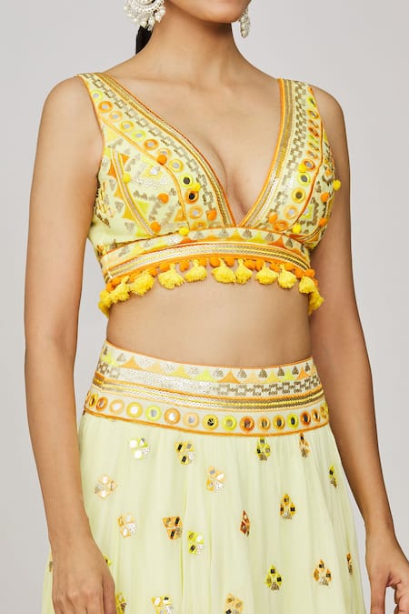 Shop_Gopi Vaid_Yellow Viscose Mirrors, Sequins, Yasti Embroidered Victorian Skirt And Blouse Set _Online_at_Aza_Fashions