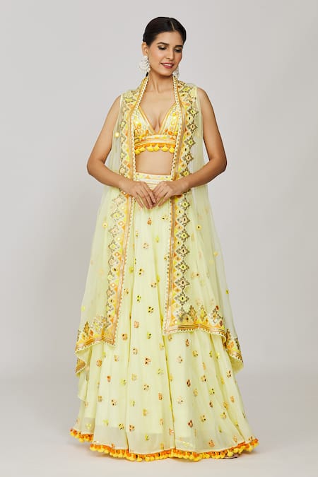 Gopi Vaid Yellow Cape Organza Embroidered Thread Cape Open And Victorian Skirt Set 