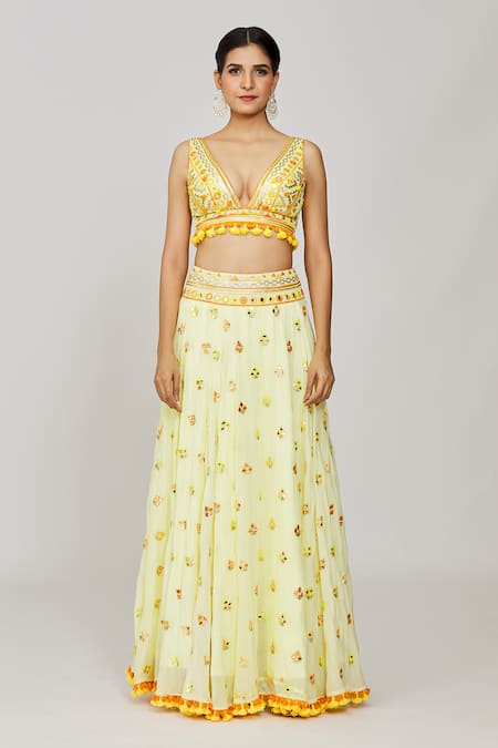 Buy Gopi Vaid Yellow Viscose, Georgette Embroidery, Mirrors, Cape And Victorian Skirt Set Online at Aza Fashions Buy_Gopi Vaid_Yellow Viscose, Georgette Embroidery, Mirrors, Cape And Victorian Skirt Set _Online_at_Aza_Fashions