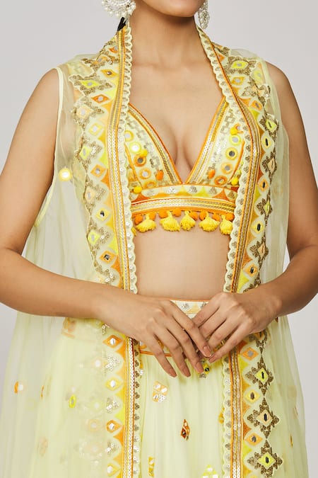 Shop Gopi Vaid Yellow Viscose, Georgette Embroidery, Mirrors, Cape And Victorian Skirt Set Online at Aza Fashions Shop_Gopi Vaid_Yellow Viscose, Georgette Embroidery, Mirrors, Cape And Victorian Skirt Set _Online_at_Aza_Fashions