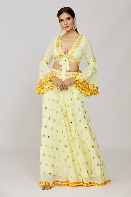 Buy Gopi Vaid Yellow Viscose Tassels Plunge Navya Embroidered Victorian Skirt And Blouse Set Online at Aza Fashions Buy_Gopi Vaid_Yellow Viscose Tassels Plunge Navya Embroidered Victorian Skirt And Blouse Set _Online_at_Aza_Fashions