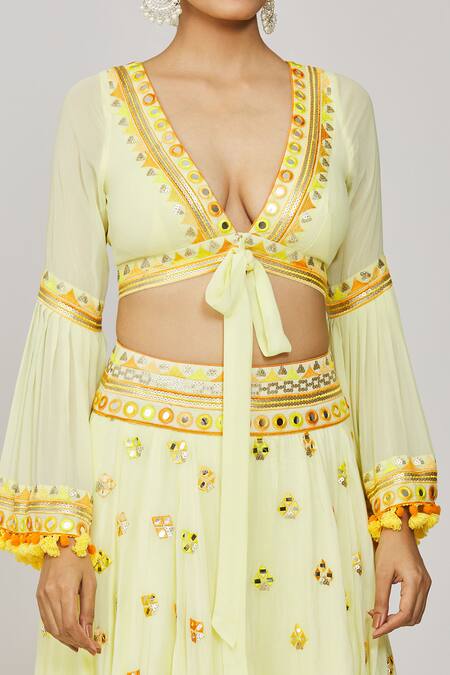Shop Gopi Vaid Yellow Viscose Tassels Plunge Navya Embroidered Victorian Skirt And Blouse Set Online at Aza Fashions Shop_Gopi Vaid_Yellow Viscose Tassels Plunge Navya Embroidered Victorian Skirt And Blouse Set _Online_at_Aza_Fashions