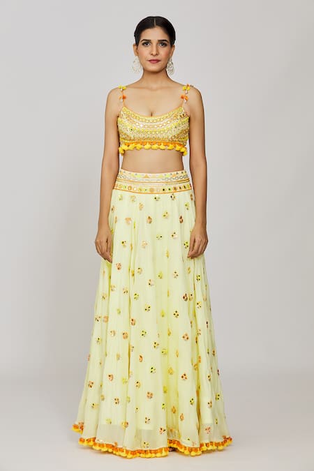 Buy Gopi Vaid Yellow Viscose, Organza, Georgette Priti Embroidered Victorian Skirt Set Online at Aza Fashions Buy_Gopi Vaid_Yellow Viscose, Organza, Georgette Priti Embroidered Victorian Skirt Set _Online_at_Aza_Fashions
