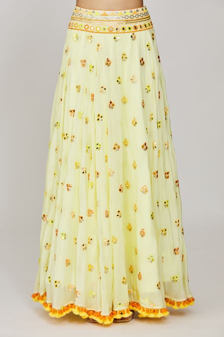 Gopi Vaid Yellow Viscose, Organza, Georgette Priti Embroidered Victorian Skirt Set at Aza Fashions Gopi Vaid_Yellow Viscose, Organza, Georgette Priti Embroidered Victorian Skirt Set _at_Aza_Fashions