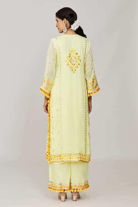Gopi Vaid_Yellow Viscose, Linen, Chiffon, Satin Fringe, Embroidery, Kurta Palazzo Set _Online_at_Aza_Fashions