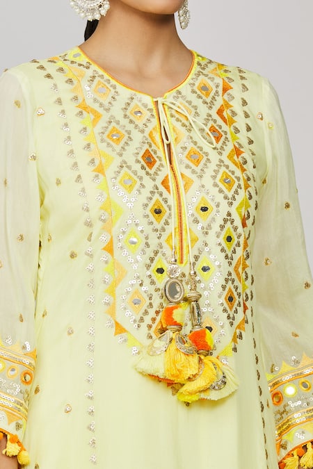 Shop_Gopi Vaid_Yellow Viscose, Linen, Chiffon, Satin Fringe, Embroidery, Kurta Palazzo Set _Online_at_Aza_Fashions