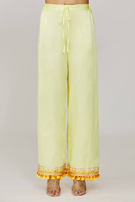 Gopi Vaid_Yellow Viscose, Linen, Chiffon, Satin Fringe, Embroidery, Kurta Palazzo Set _at_Aza_Fashions