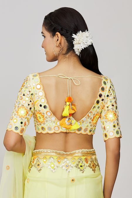 Shop_Gopi Vaid_Yellow Organza, Cotton, Silk Sequins, Priyal Embroidered Saree And Blouse Set _Online_at_Aza_Fashions