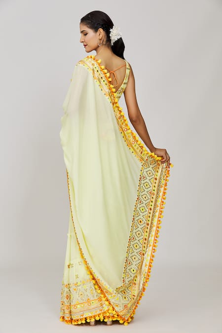 Gopi Vaid Yellow Embroidered Pre-Draped Saree Set 