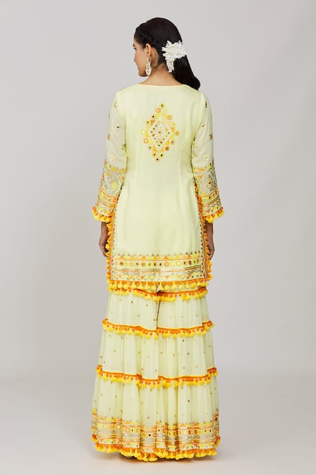 Gopi Vaid_Yellow Viscose, Cotton Satin, Net Fringe, Embroidery, Maahika Kurta Sharara Set _Online_at_Aza_Fashions