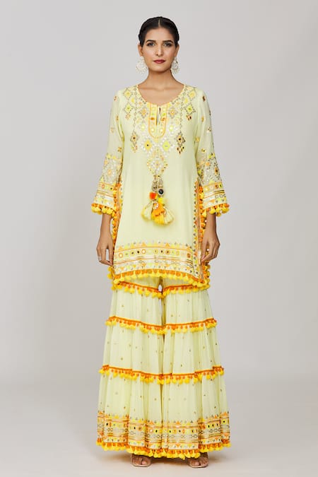 Buy_Gopi Vaid_Yellow Viscose, Cotton Satin, Net Fringe, Embroidery, Maahika Kurta Sharara Set _Online_at_Aza_Fashions