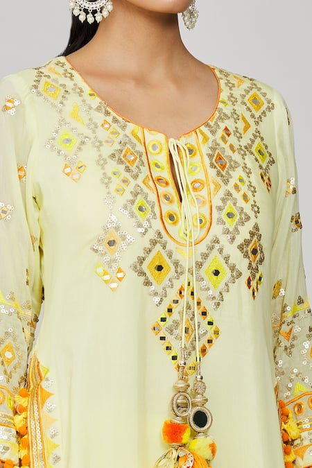 Shop_Gopi Vaid_Yellow Viscose, Cotton Satin, Net Fringe, Embroidery, Maahika Kurta Sharara Set _Online_at_Aza_Fashions