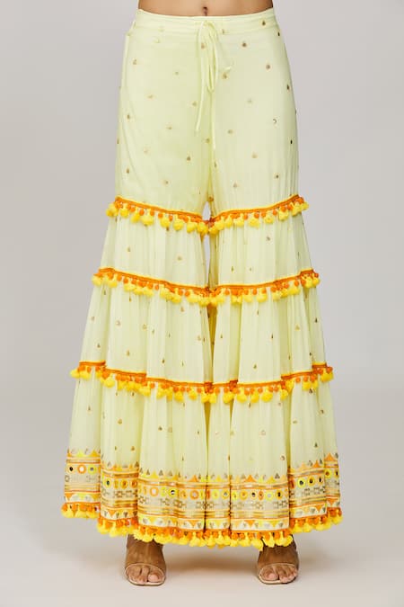 Gopi Vaid_Yellow Viscose, Cotton Satin, Net Fringe, Embroidery, Maahika Kurta Sharara Set _at_Aza_Fashions