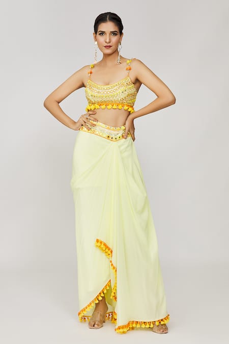 Gopi Vaid Yellow Skirt Georgette Embroidered And Printed Thread Round Blouse & Draped Set 