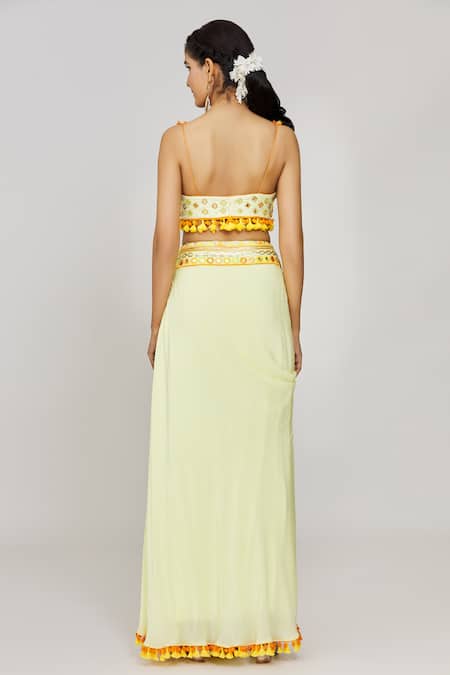 Gopi Vaid Yellow Embroidered Blouse & Draped Skirt Set 