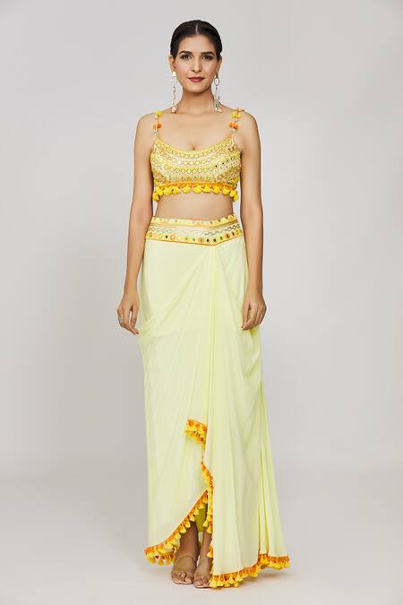 Shop Gopi Vaid Yellow Tussar, Georgette Tassels, Sequins Embroidered Blouse And Draped Skirt Set Online at Aza Fashions Shop_Gopi Vaid_Yellow Tussar, Georgette Tassels, Sequins Embroidered Blouse And Draped Skirt Set _Online_at_Aza_Fashions