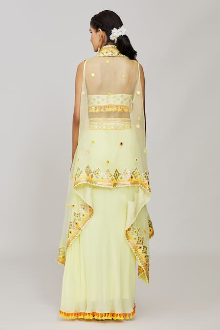 Gopi Vaid Yellow Embroidered Cape Skirt Set 