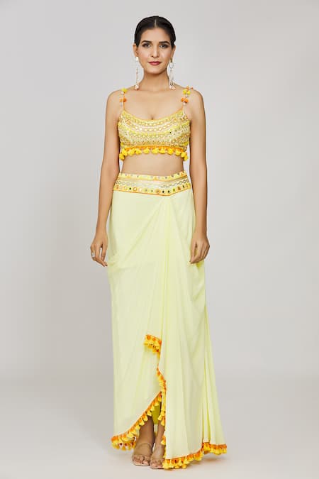 Buy_Gopi Vaid_Yellow Tussar, Crepe Tassels, Embroidery Round Neck Cape Skirt Set _Online_at_Aza_Fashions