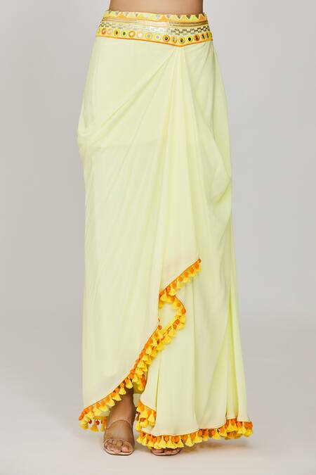 Gopi Vaid_Yellow Tussar, Crepe Tassels, Embroidery Round Neck Cape Skirt Set _at_Aza_Fashions