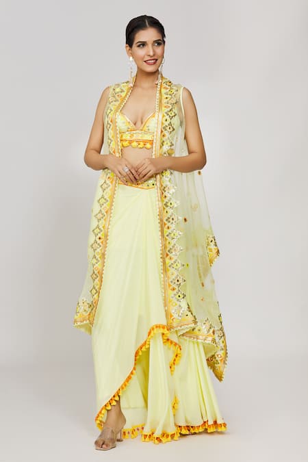 Gopi Vaid Triya Embroidered Cape Draped Skirt Set 