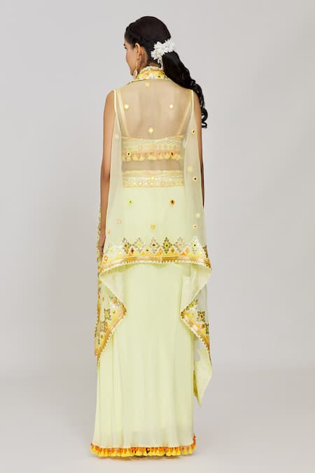 Gopi Vaid Yellow Embroidered Cape Draped Skirt Set 