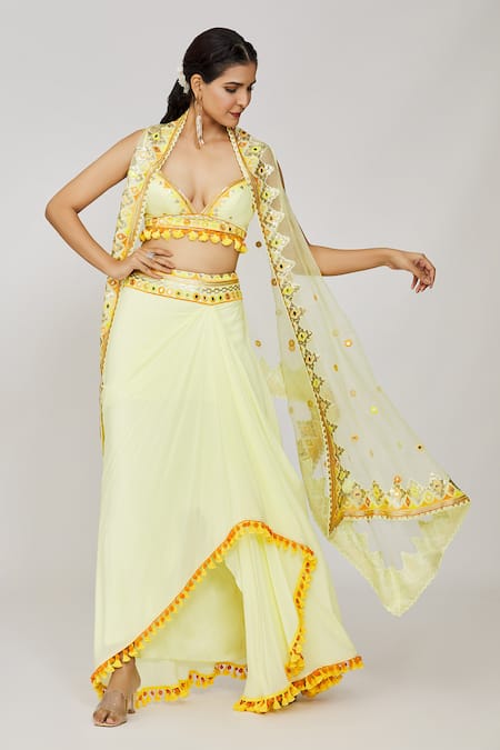 Shop_Gopi Vaid_Yellow Viscose Mirrors, Sequins Plunge Neck Embroidered Cape Draped Skirt Set _Online_at_Aza_Fashions