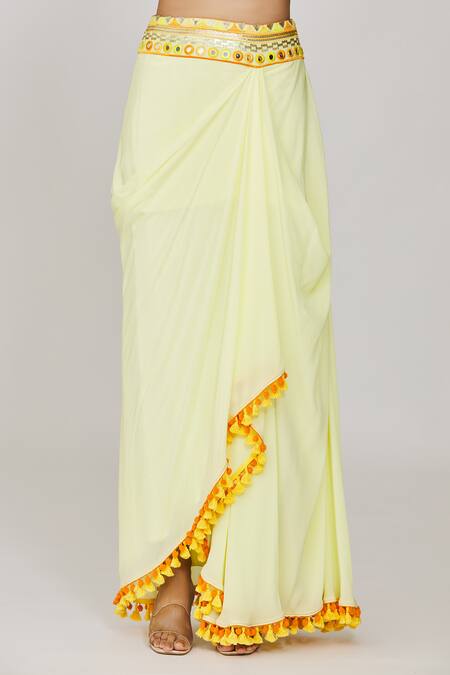 Gopi Vaid_Yellow Viscose Mirrors, Sequins Plunge Neck Embroidered Cape Draped Skirt Set _at_Aza_Fashions