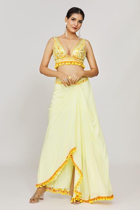 Gopi Vaid Yellow Viscose Embroidered And Printed Thread Plunged V Blouse & Draped Skirt Set 