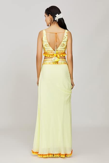 Gopi Vaid Yellow Embroidered Blouse & Draped Skirt Set 