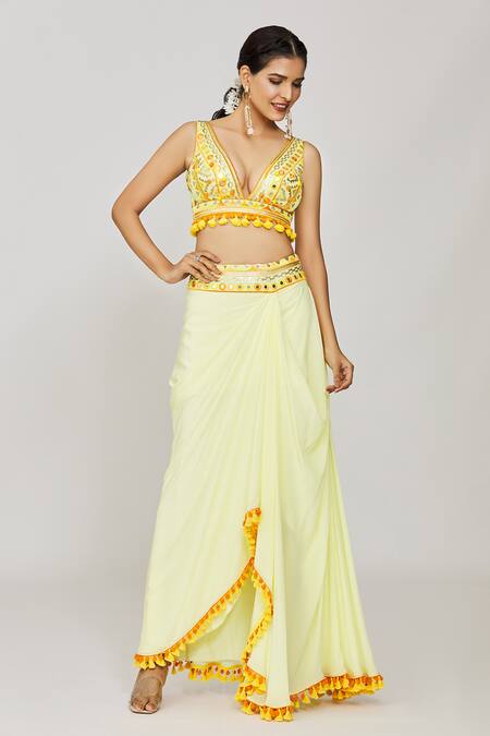 Buy_Gopi Vaid_Yellow Viscose Sequins, Embroidery, Tassels Plunge Blouse And Draped Skirt Set _Online_at_Aza_Fashions