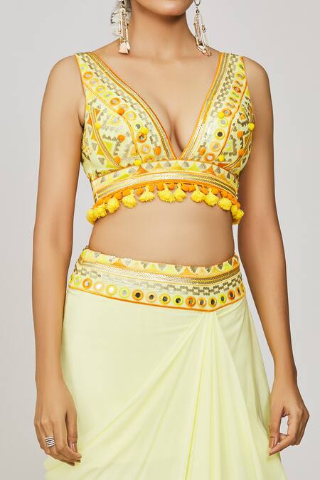 Shop_Gopi Vaid_Yellow Viscose Sequins, Embroidery, Tassels Plunge Blouse And Draped Skirt Set _Online_at_Aza_Fashions