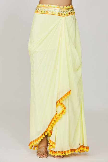 Gopi Vaid_Yellow Viscose Sequins, Embroidery, Tassels Plunge Blouse And Draped Skirt Set _at_Aza_Fashions