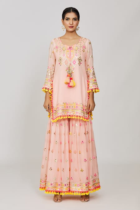 Buy_Gopi Vaid_Pink Viscose, Georgette, Organza Fringe, Foram Thread Kurta Sharara Set _Online_at_Aza_Fashions