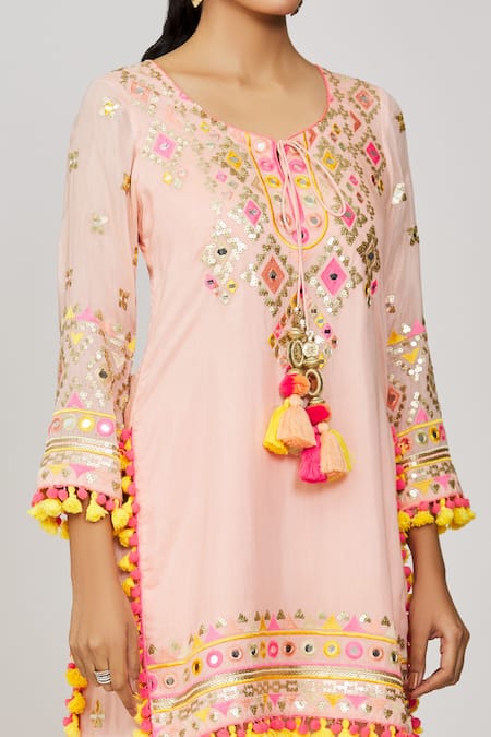 Shop_Gopi Vaid_Pink Viscose, Georgette, Organza Fringe, Foram Thread Kurta Sharara Set _Online_at_Aza_Fashions