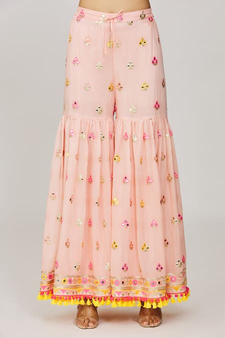 Gopi Vaid_Pink Viscose, Georgette, Organza Fringe, Foram Thread Kurta Sharara Set _at_Aza_Fashions