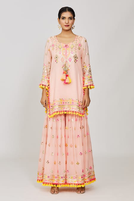 Buy_Gopi Vaid_Pink Viscose, Georgette, Organza Embroidery, Foram Mirror Kurta Sharara Set _Online_at_Aza_Fashions
