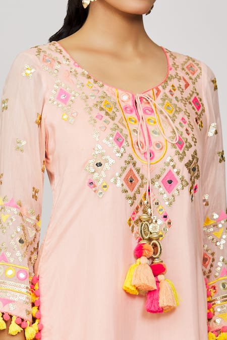 Shop_Gopi Vaid_Pink Viscose, Georgette, Organza Embroidery, Foram Mirror Kurta Sharara Set _Online_at_Aza_Fashions