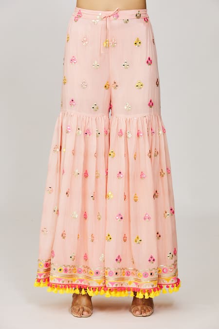 Gopi Vaid_Pink Viscose, Georgette, Organza Embroidery, Foram Mirror Kurta Sharara Set _at_Aza_Fashions