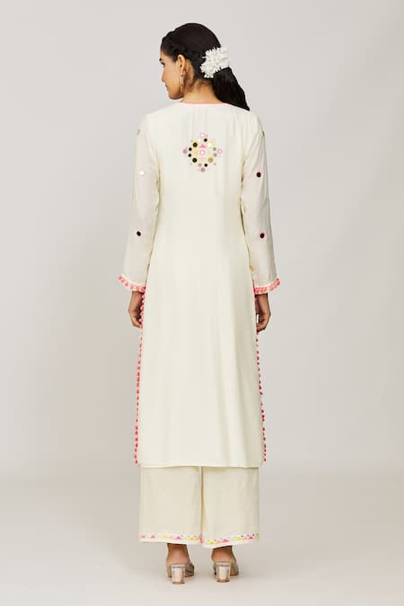Gopi Vaid Ivory Cotton, Organza Pom-poms, Fringe, Embroidery Round Kurta And Palazzo Set Online at Aza Fashions Gopi Vaid_Ivory Cotton, Organza Pom-poms, Fringe, Embroidery Round Kurta And Palazzo Set _Online_at_Aza_Fashions