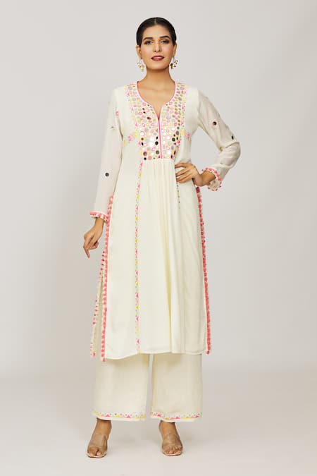 Shop Gopi Vaid Ivory Cotton, Organza Pom-poms, Fringe, Embroidery Round Kurta And Palazzo Set Online at Aza Fashions Shop_Gopi Vaid_Ivory Cotton, Organza Pom-poms, Fringe, Embroidery Round Kurta And Palazzo Set _Online_at_Aza_Fashions