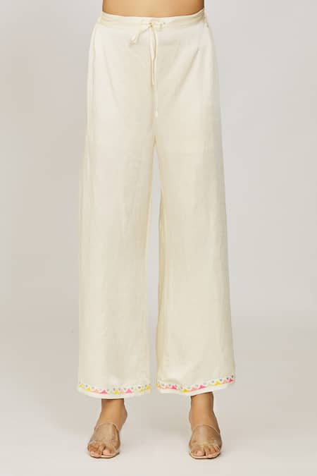 Gopi Vaid Ivory Cotton, Organza Pom-poms, Fringe, Embroidery Round Kurta And Palazzo Set at Aza Fashions Gopi Vaid_Ivory Cotton, Organza Pom-poms, Fringe, Embroidery Round Kurta And Palazzo Set _at_Aza_Fashions