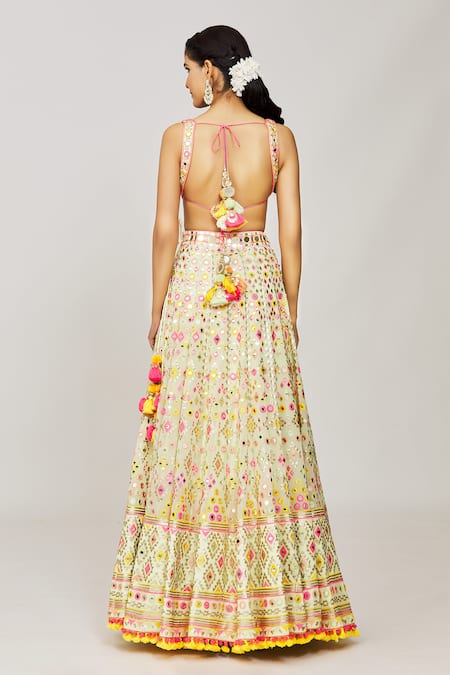 Gopi Vaid_Green Tussar, Organza, Georgette Shaira Thread And Mirror Bridal Lehenga Set _Online_at_Aza_Fashions