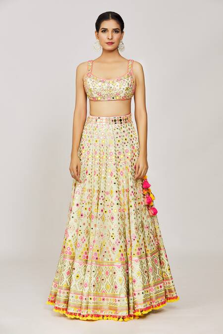 Buy_Gopi Vaid_Green Tussar, Organza, Georgette Shaira Thread And Mirror Bridal Lehenga Set _Online_at_Aza_Fashions