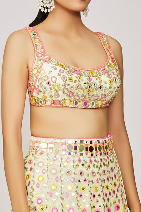 Shop_Gopi Vaid_Green Tussar, Organza, Georgette Shaira Thread And Mirror Bridal Lehenga Set _Online_at_Aza_Fashions