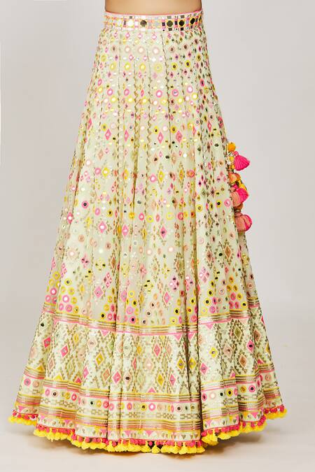 Gopi Vaid_Green Tussar, Organza, Georgette Shaira Thread And Mirror Bridal Lehenga Set _at_Aza_Fashions