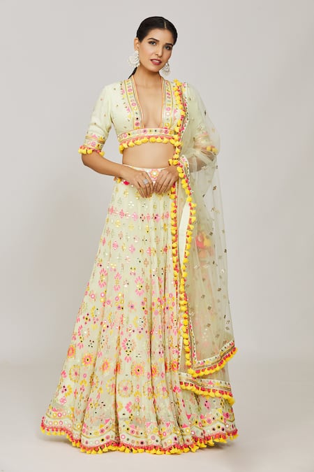 Shop Gopi Vaid Green Viscose, Georgette, Aneha Mela Thread Embroidered Bridal Lehenga Set Online at Aza Fashions Shop_Gopi Vaid_Green Viscose, Georgette, Aneha Mela Thread Embroidered Bridal Lehenga Set _Online_at_Aza_Fashions