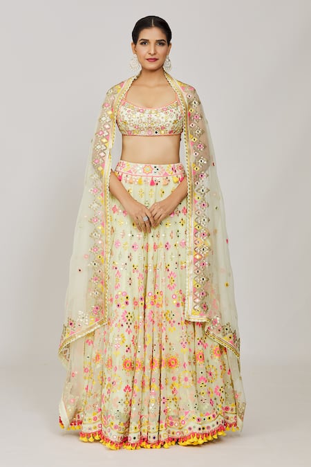 Gopi Vaid Green Lehenga Georgette Embroidered And Printed Thread Reeva Mela Bridal Set 